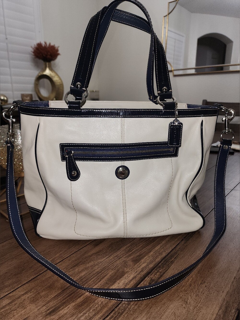 Coach Leather Tote Bag in Cream with Navy Trim